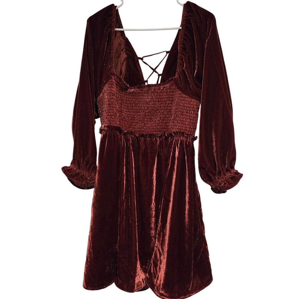 Free People Daphne Velvet Babydoll Dress. Smocked Renaissance Whimsigoth-Sz L - Picture 5 of 11